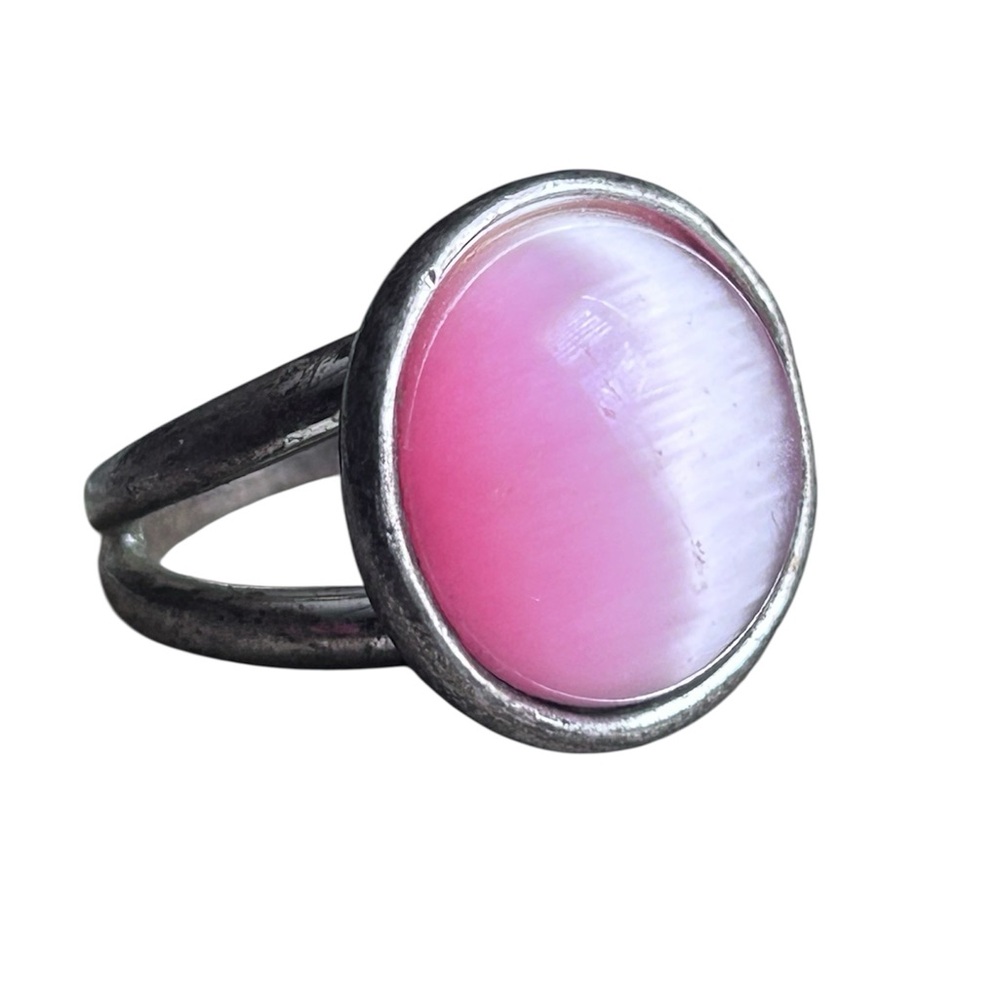Large pink stone silver tone ring, size 6.5